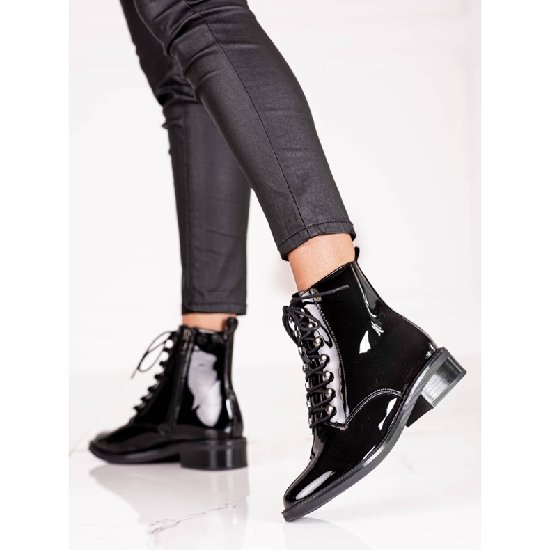 Elegantes botas de cordones para mujer con tacón plano Shelovet negro 2