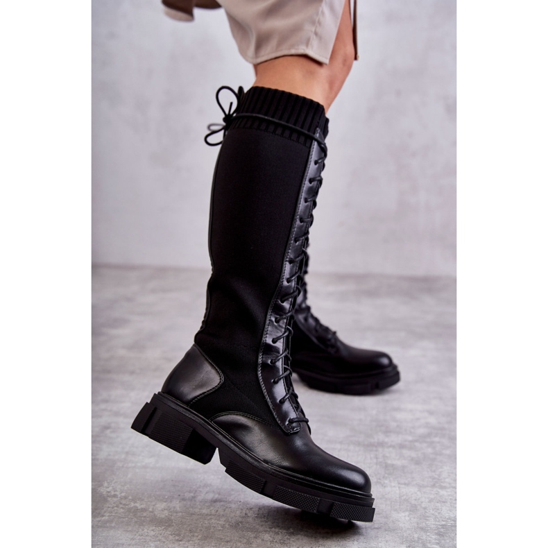 PS1 Botas Mujer Con Calcetines Tacón Plano Negro Verano 2