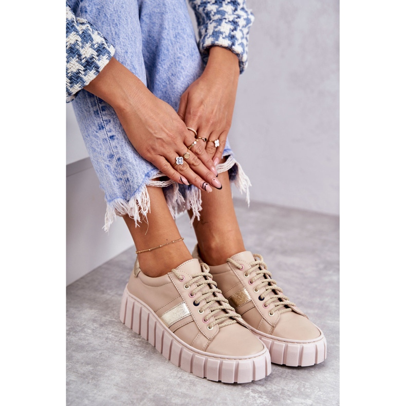 PA2 Deportivas Mujer Piel Atadas Beige-Oro Ariva marrón 1