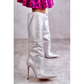 Botas plateadas de tacón alto de moda con circonitas cúbicas plata 7