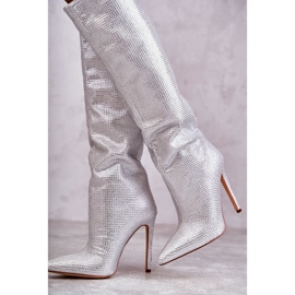 Botas plateadas de tacón alto de moda con circonitas cúbicas plata 10