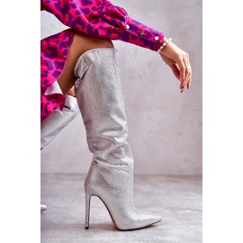 Botas plateadas de tacón alto de moda con circonitas cúbicas plata 12