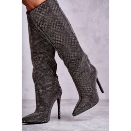 FS1 Botas Negras De Moda De Tacón Alto Con Zirconia Cúbica Lovisa negro plata 5