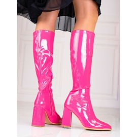 Botas de mujer al poste Shelovet fabricadas en piel ecológica barnizada, rosa 1