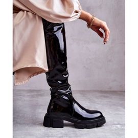 GOE Patente KK2N4023 Botas negras sobre la rodilla con tacón plano negro 6