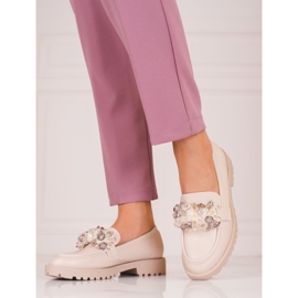 Mocasines de mujer Shelovet en ante con cristales beige 1