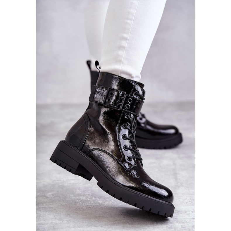 PJ1 Botas Mujer Lacadas Con Cordones Tacón Plano Negro Firmina 1 PJ1 Botas Mujer Lacadas Con Cordones Tacón Plano Negro Firmina 1