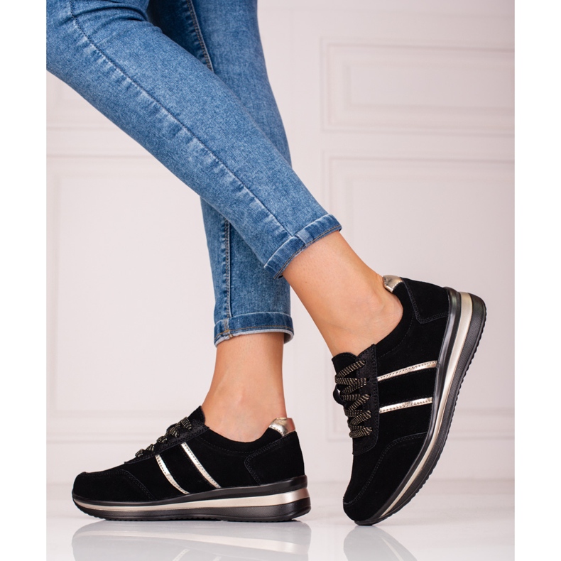 Zapatillas de cuero para mujer en la plataforma Shelovet. negro 2