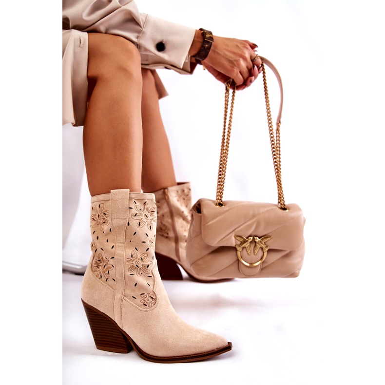 FB1 Bota cowboy de moda antelina con flores beige Coralie B-818 1
