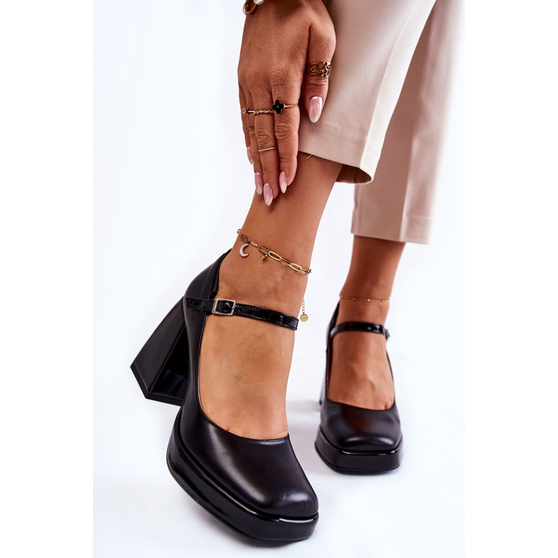 PA2 Bombas De Cuero En Tacones Gruesos Negro Tina 1