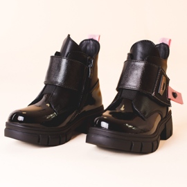 Botines de niña de charol negro con inserciones de Shelovet rosa rosado 2