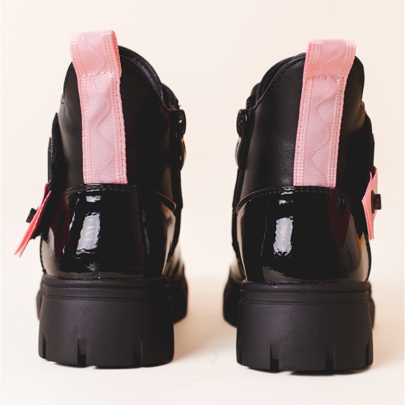 Botines de niña de charol negro con inserciones de Shelovet rosa rosado 1