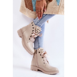 FB2 Botas de piel con aislamiento y cremallera con perlas Raiso Beige 2