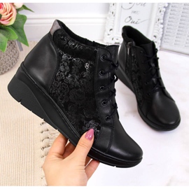 Botas de mujer de piel negra con tacón de cuña, negro Helios 537 2