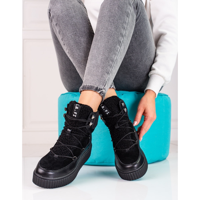 Botas de nieve de mujer Shelovet de piel negra con plataforma negro 1