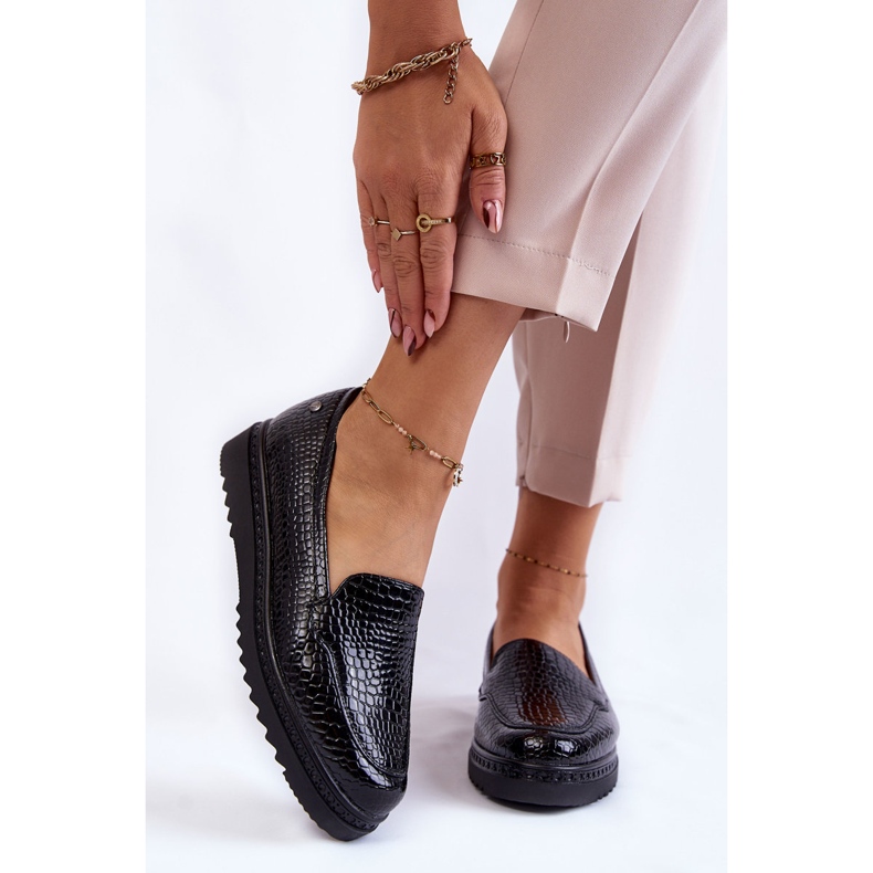 Vinceza Mocasines Lacados Estampado Cocodrilo Sobre Plataforma Diane Negro 1