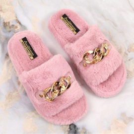 Zapatillas para mujeres pelos de pelaje con una cadena rosa rosado 4