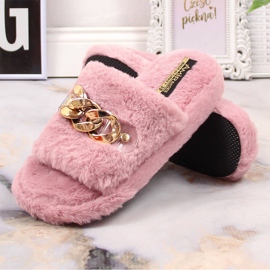 Zapatillas para mujeres pelos de pelaje con una cadena rosa rosado 5