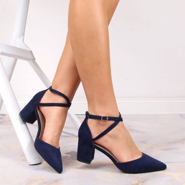 T.Sokolski Zapatos de salón para mujer de ante con tacón en punta, azul marino 3