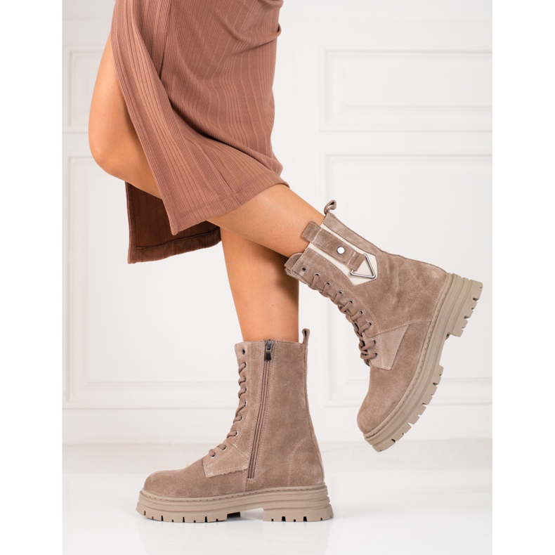 Botas de montaña para mujer High Shelovet fabricadas en piel natural beige 2