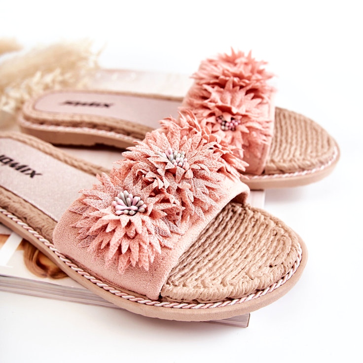 WJ1 Pantuflas De Mujer Con Flores De Tela Rosa Susana 1