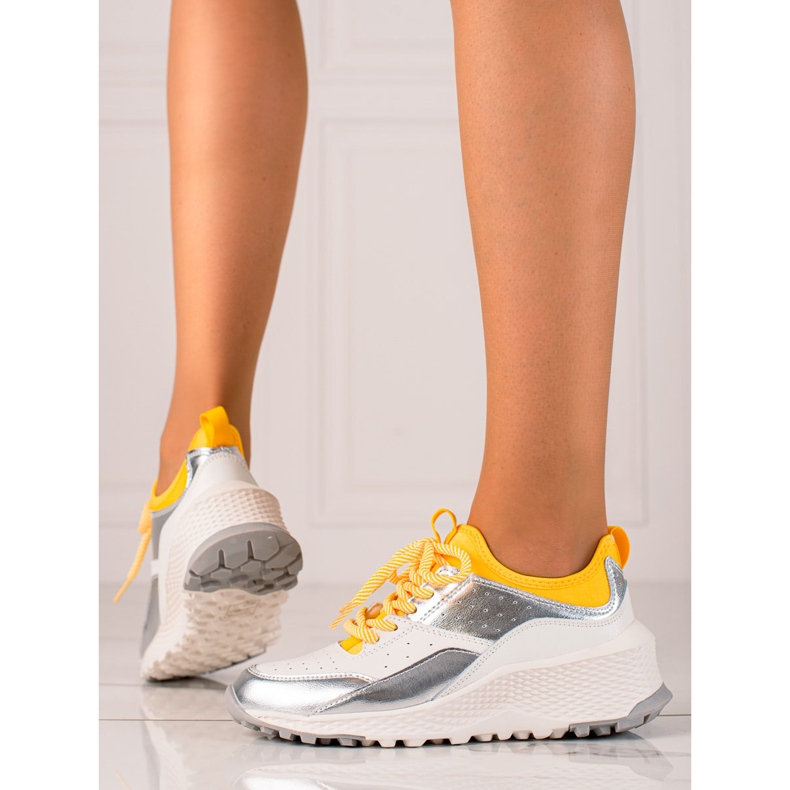 Goodin Zapatillas de cuero con estilo blanco plata amarillo 2