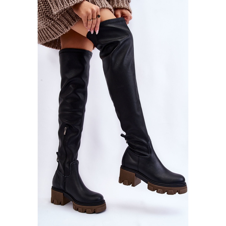 PL5 Botas sobre la rodilla de cuero de mujer de moda Negro Venise 2