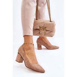 PS1 Zapatos de salón clásicos de ante con tacón alto y adornos Derren beige marrón 3