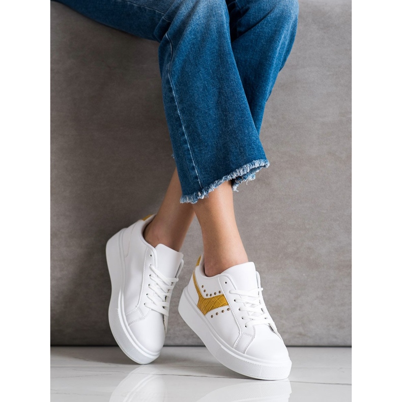 SHELOVET Zapatillas casual de cuero ecológico blanco amarillo 1