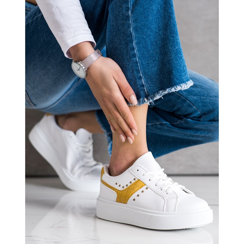 SHELOVET Zapatillas casual de cuero ecológico blanco amarillo 2