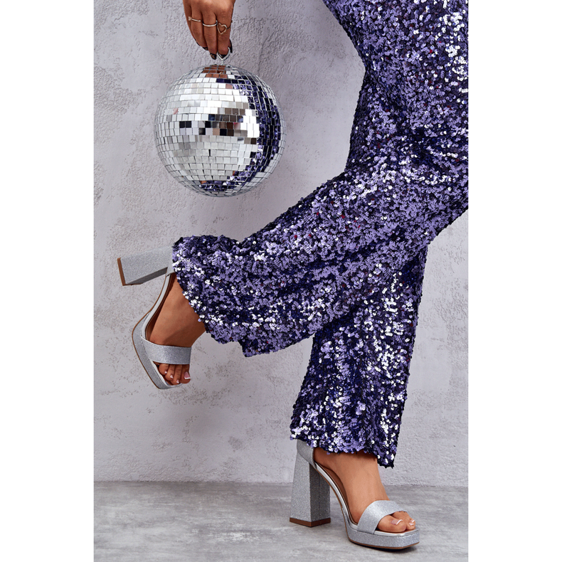 Sandalias brillantes en un tacón Calmi plateado masivo plata 2