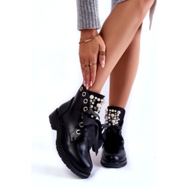 PA1 Botas de mujer con perlas Warm Skoll Ribbon negro 1