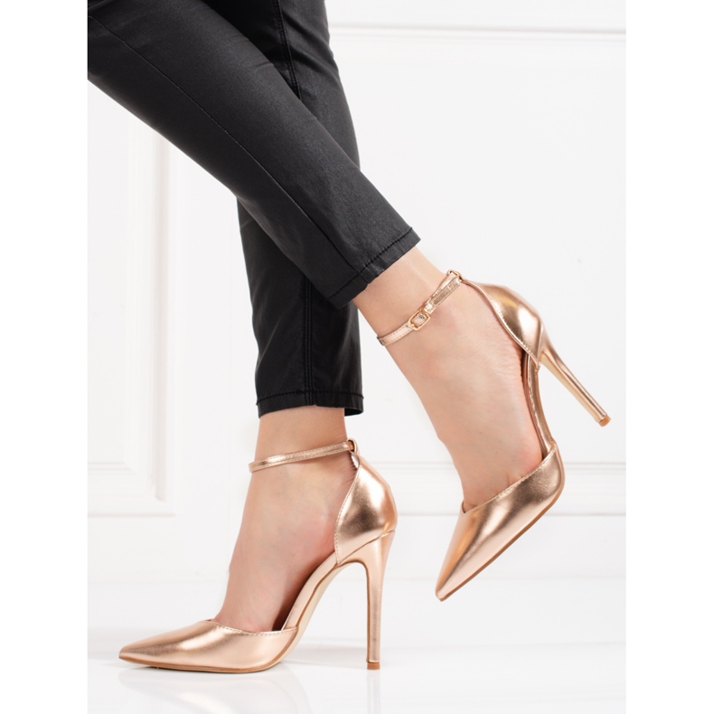Zapatos de tacón dorado Shelovet de mujer abrochados al tobillo 1