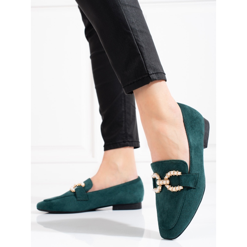 Mocasines de mujer Shelovet verde con adorno 1