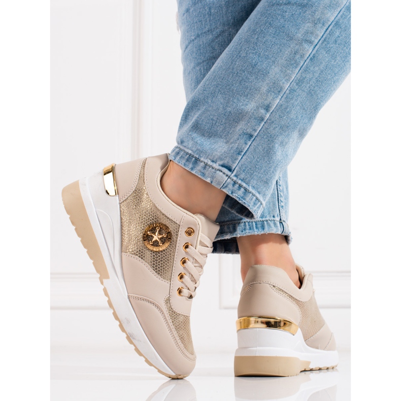 Shelovet zapatillas mujer cuña beige dorado 2