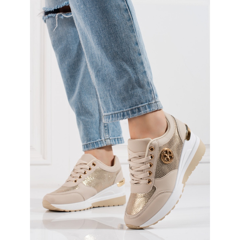 Shelovet zapatillas mujer cuña beige dorado 1