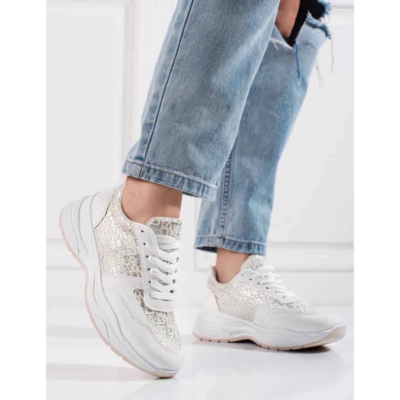 Zapatillas deportivas de mujer Shelovet con estampado brillante. blanco plata 2