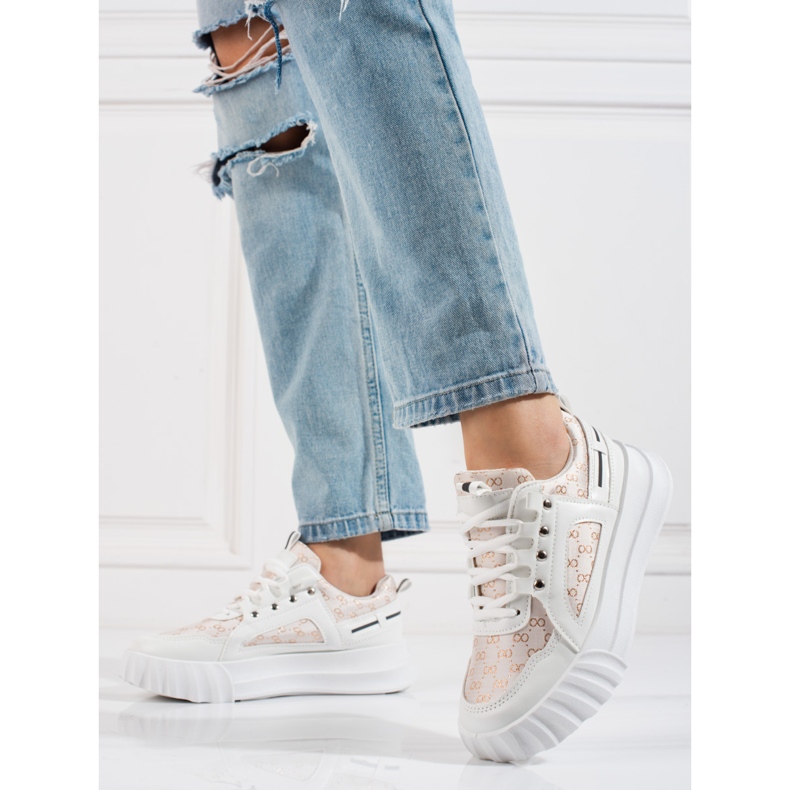 Deportivas de mujer Shelovet blancas con suela gruesa beige blanco dorado 1