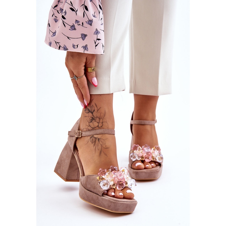 PS1 Sandalias de moda con cristales en tacones masivos Garrett beige oscuro marrón 1