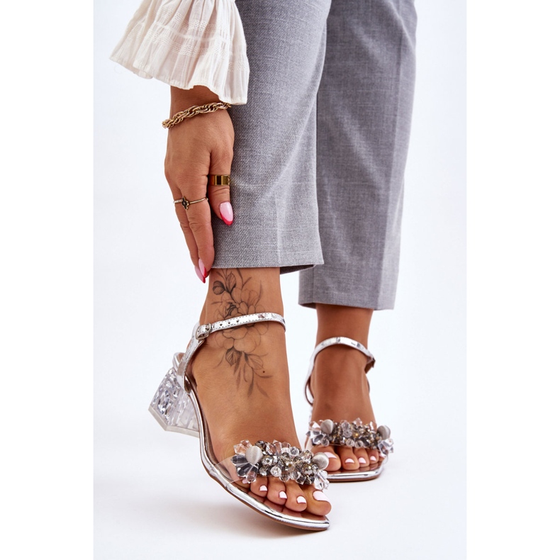 S.Barski Sandalias De Mujer De Tacón Bajo Con Adornos Plata Benicio 1