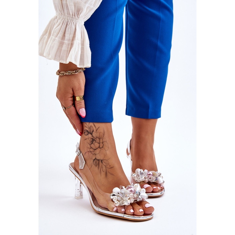 S.Barski Elegantes Sandalias Transparentes Con Adorno Lila Plata 1