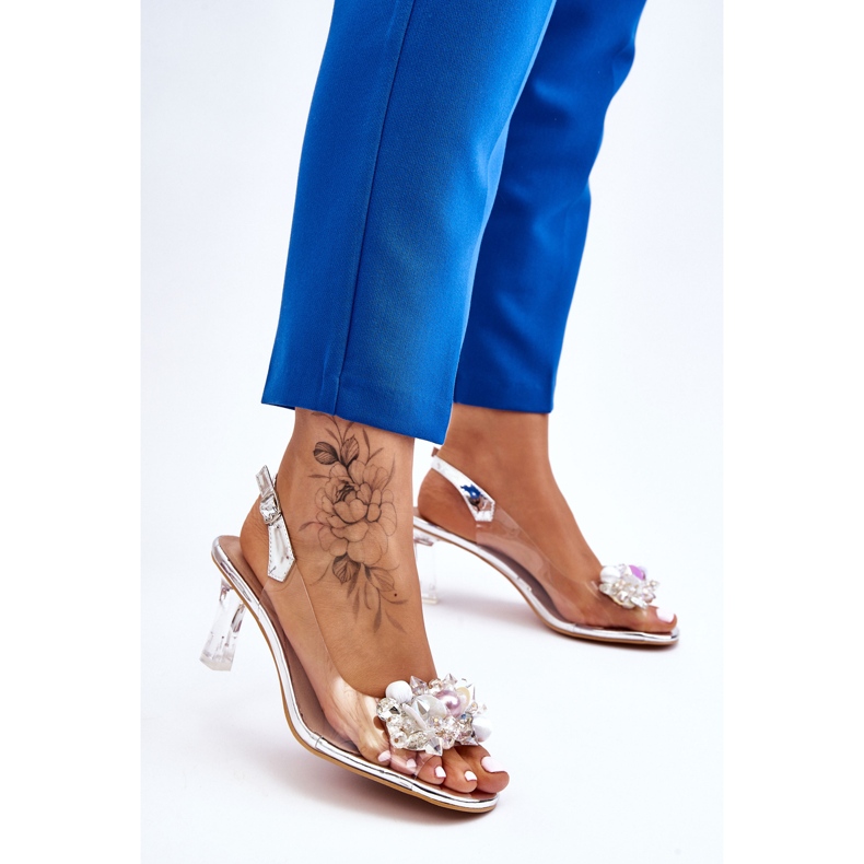 S.Barski Elegantes Sandalias Transparentes Con Adorno Lila Plata 2