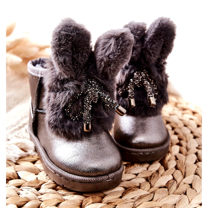 Botas De Nieve Infantiles De Pelo Con Orejas Conejito Gris marrón plata 2