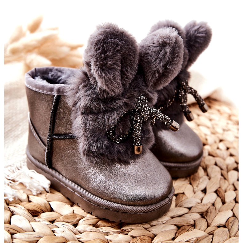 Botas De Nieve Infantiles De Pelo Con Orejas Conejito Gris marrón plata 3