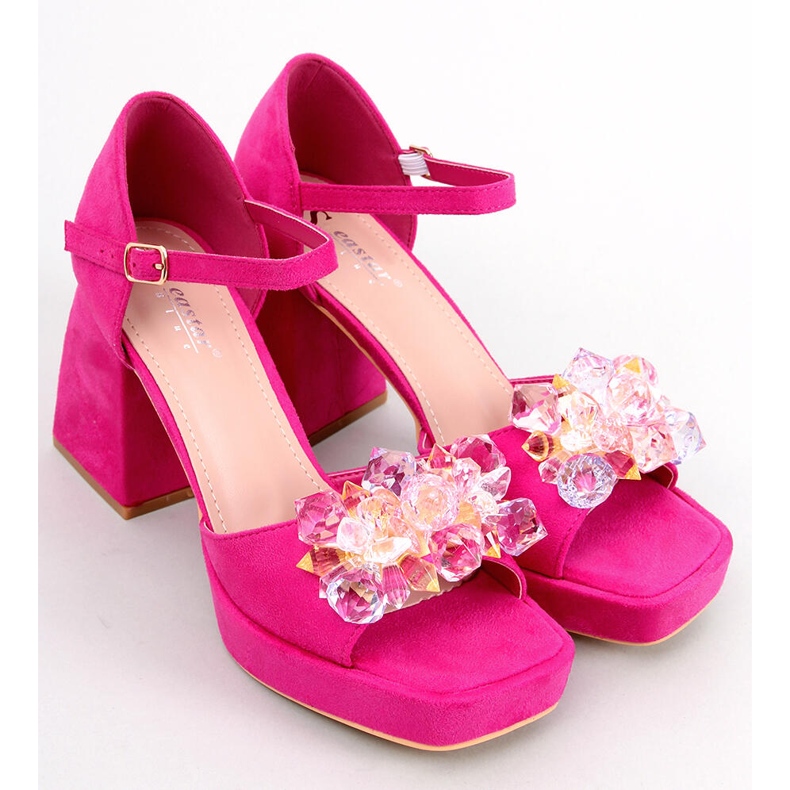 BM Sandalias de tacón ancho con pedrería Mirella Fucsia rosa 1