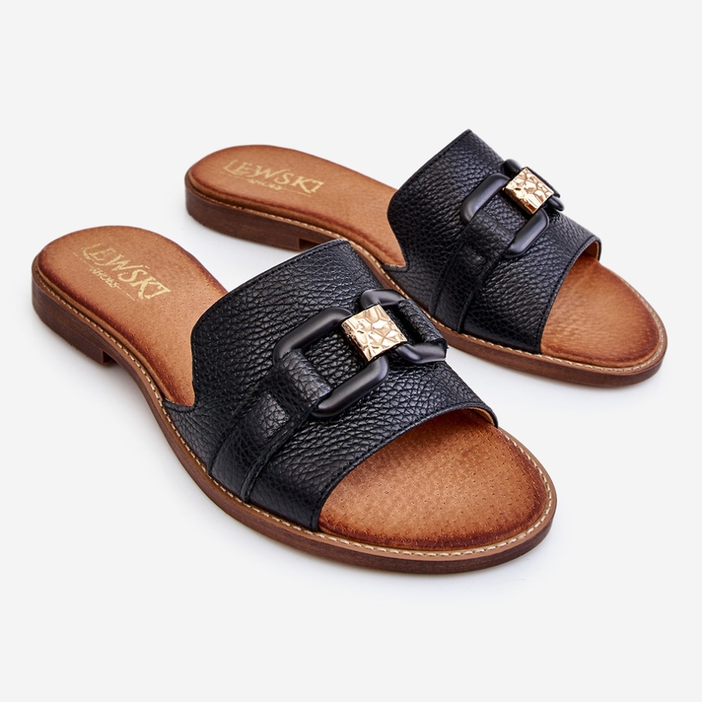 Lewski Shoes Pantuflas de Mujer en Piel Leewski Shoes 3270 Black negro dorado 1