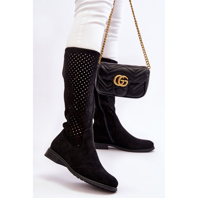 S.Barski Botas Sobre Rodilla Mujer Ante Calado Negro Sabana 2