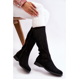 S.Barski Botas Sobre Rodilla Mujer Ante Calado Negro Sabana 5