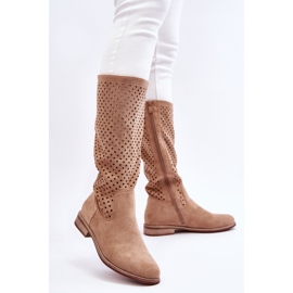 S.Barski Botas Sobre Rodilla Mujer Ante Calado Beige Sabana 2