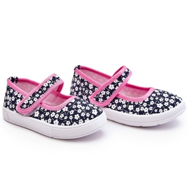 Bailarinas Infantiles Con Velcro Estampado Selah Azul Marino Y Rosa rosado 15